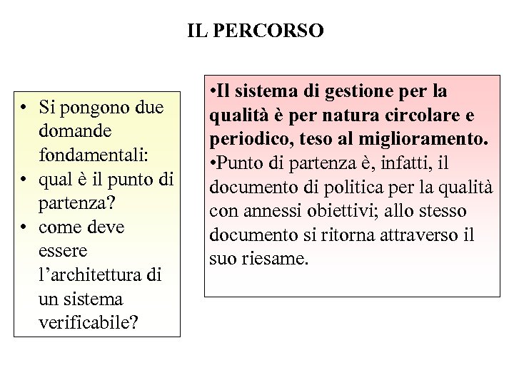 IL PERCORSO • Si pongono due domande fondamentali: • qual è il punto di