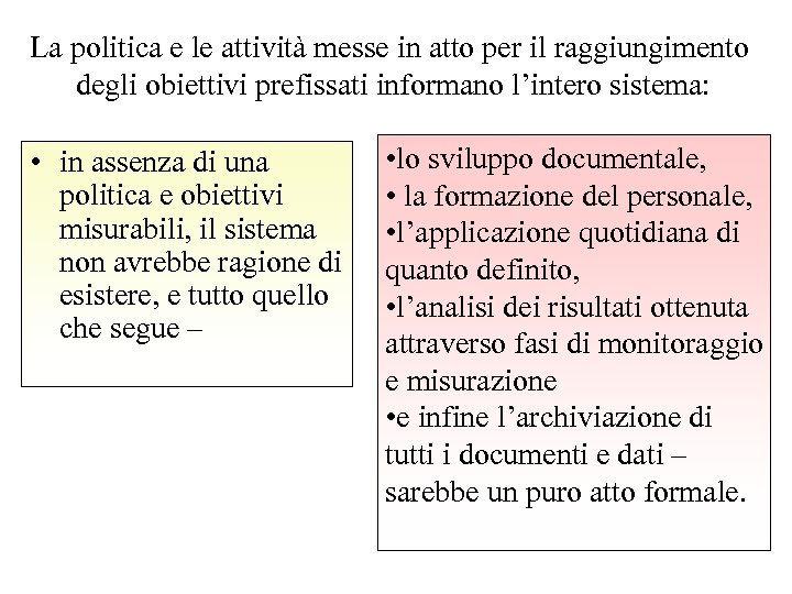 La politica e le attività messe in atto per il raggiungimento degli obiettivi prefissati