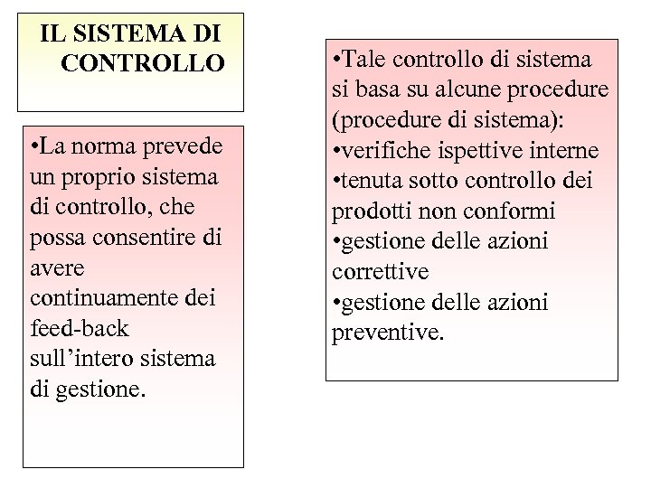IL SISTEMA DI CONTROLLO • La norma prevede un proprio sistema di controllo, che