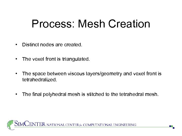 Process: Mesh Creation • Distinct nodes are created. • The voxel front is triangulated.
