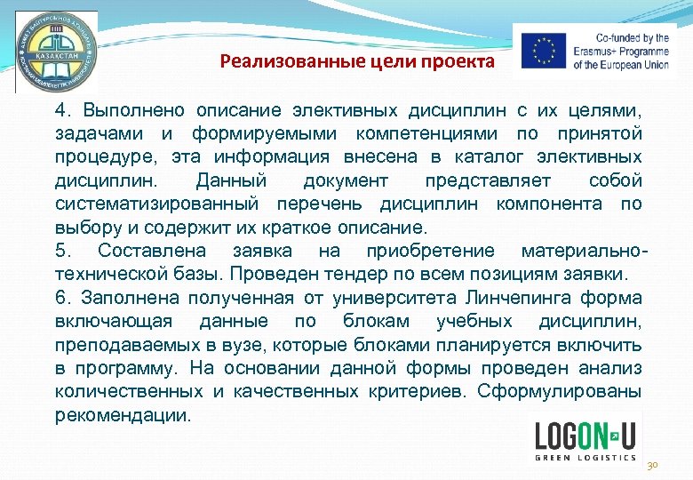 Реализованные цели проекта 4. Выполнено описание элективных дисциплин с их целями, задачами и формируемыми