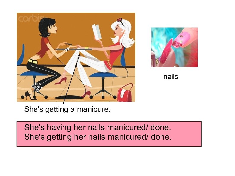  nails She's getting a manicure. She's having her nails manicured/ done. She's getting
