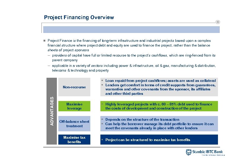 Project Financing Overview 4 n Project Finance is the financing of long-term infrastructure and