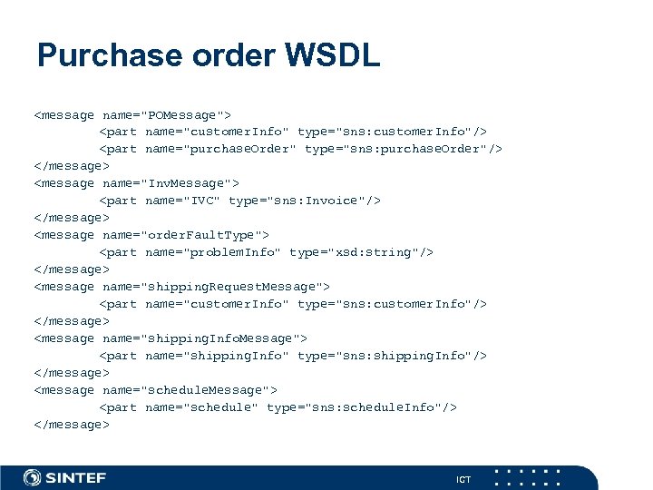 Purchase order WSDL <message name="POMessage"> <part name="customer. Info" type="sns: customer. Info"/> <part name="purchase. Order"