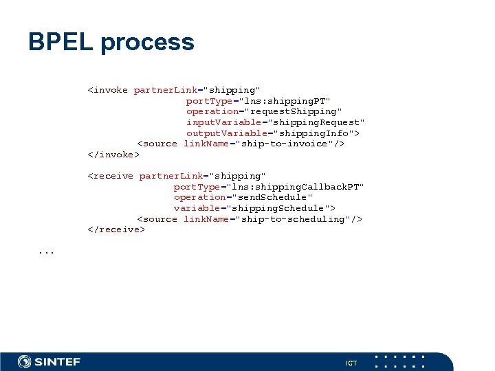 BPEL process <invoke partner. Link="shipping" port. Type="lns: shipping. PT" operation="request. Shipping" input. Variable="shipping. Request"