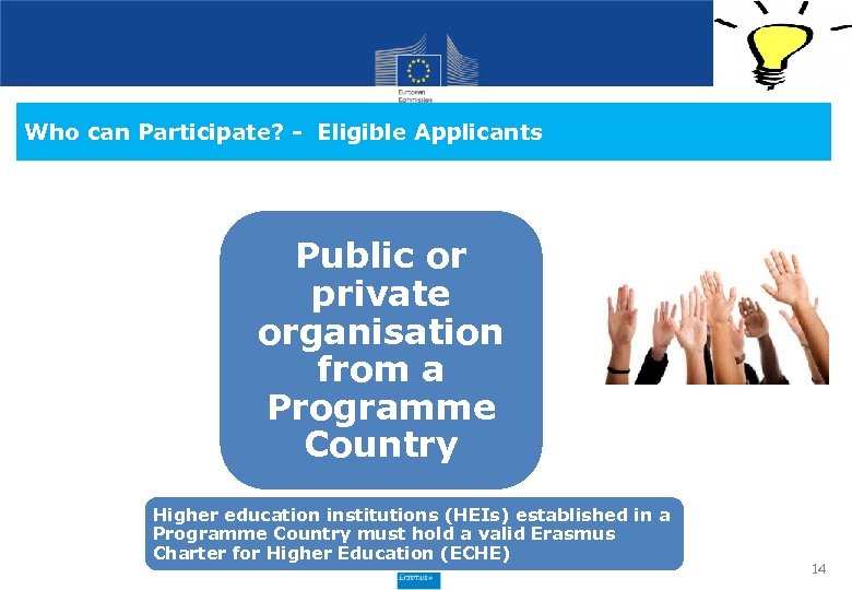 Who can Participate? - Eligible Applicants Public or private organisation from a Programme Country
