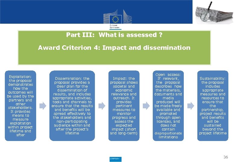 Part III: What is assessed ? Award Criterion 4: Impact and dissemination Exploitation: the
