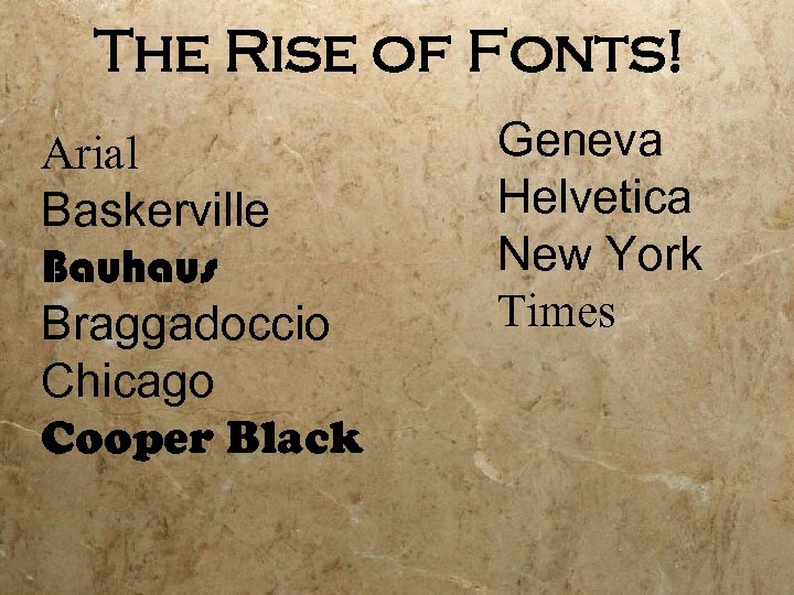 The Rise of Fonts! Arial Baskerville Bauhaus Braggadoccio Chicago Cooper Black Geneva Helvetica New