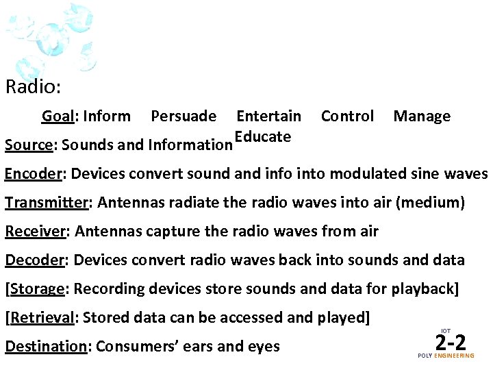 Radio: Goal: Inform Persuade Entertain Source: Sounds and Information Educate Control Manage Encoder: Devices
