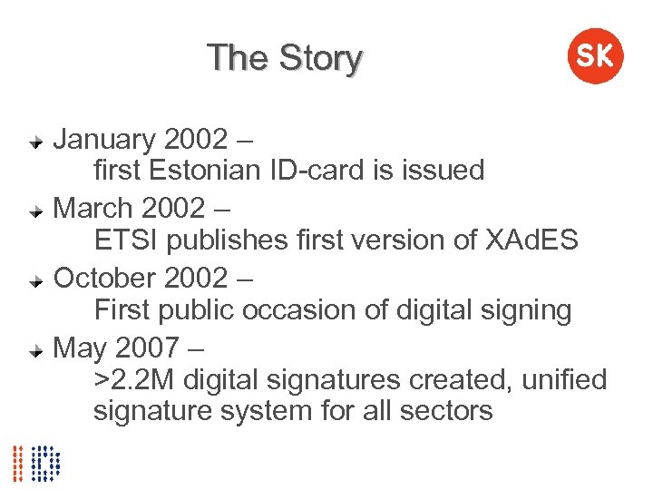 The Story January 2002 – first Estonian ID-card is issued March 2002 – ETSI