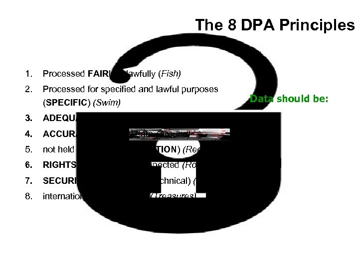 The 8 DPA Principles 1. Processed FAIRly & lawfully (Fish) 2. Processed for specified