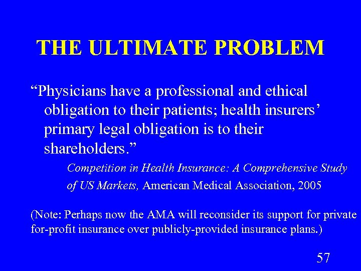 THE ULTIMATE PROBLEM “Physicians have a professional and ethical obligation to their patients; health
