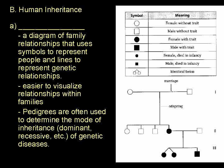 B. Human Inheritance a) ________ - a diagram of family relationships that uses symbols
