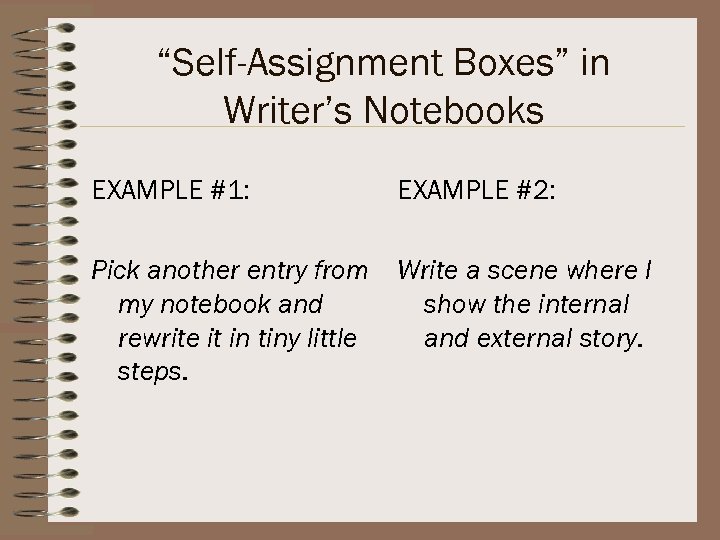 “Self-Assignment Boxes” in Writer’s Notebooks EXAMPLE #1: EXAMPLE #2: Pick another entry from my