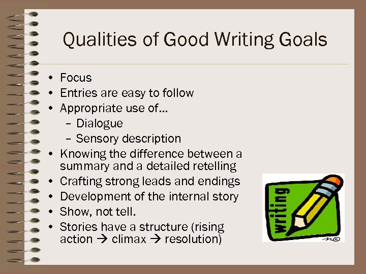 Qualities of Good Writing Goals • Focus • Entries are easy to follow •