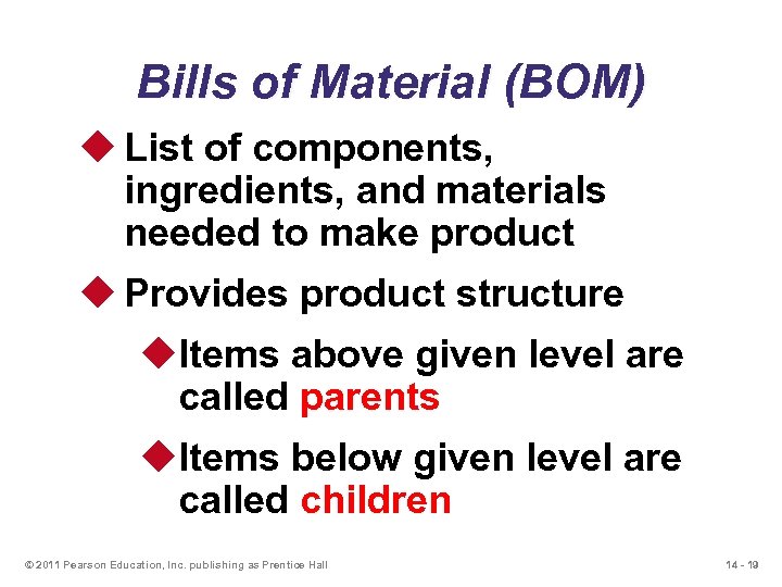 Bills of Material (BOM) u List of components, ingredients, and materials needed to make