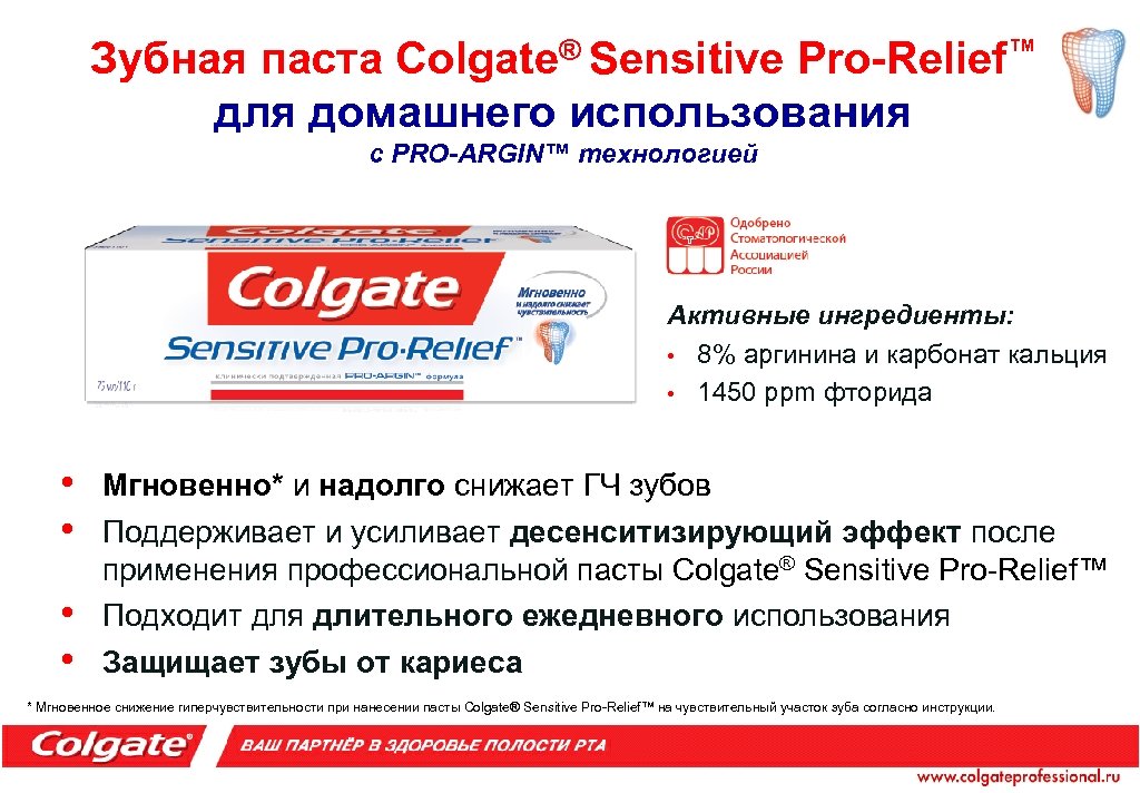 Зубная паста Colgate® Sensitive Pro-Relief™ для домашнего использования с PRO-ARGIN™ технологией Активные ингредиенты: •