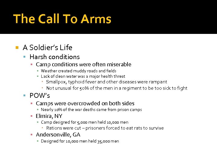 The Call To Arms A Soldier’s Life Harsh conditions ▪ Camp conditions were often