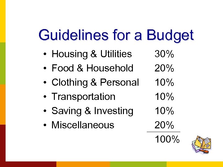 Guidelines for a Budget • • • Housing & Utilities Food & Household Clothing