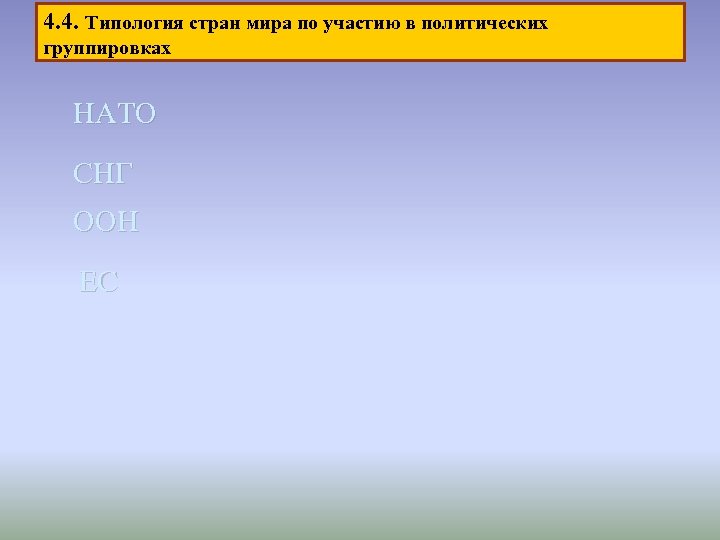 4. 4. Типология стран мира по участию в политических группировках НАТО СНГ ООН ЕС
