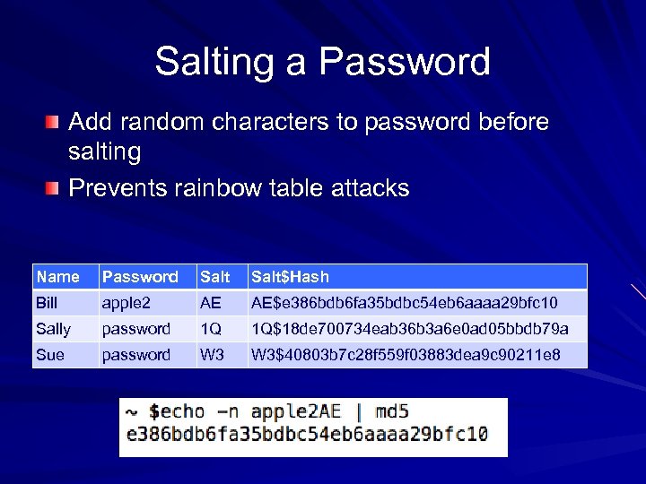 Salting a Password Add random characters to password before salting Prevents rainbow table attacks