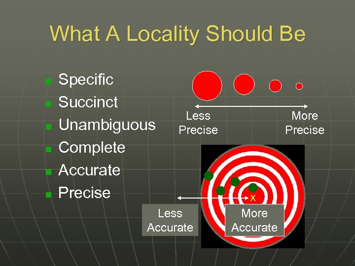What A Locality Should Be n n n Specific Succinct Unambiguous Complete Accurate Precise