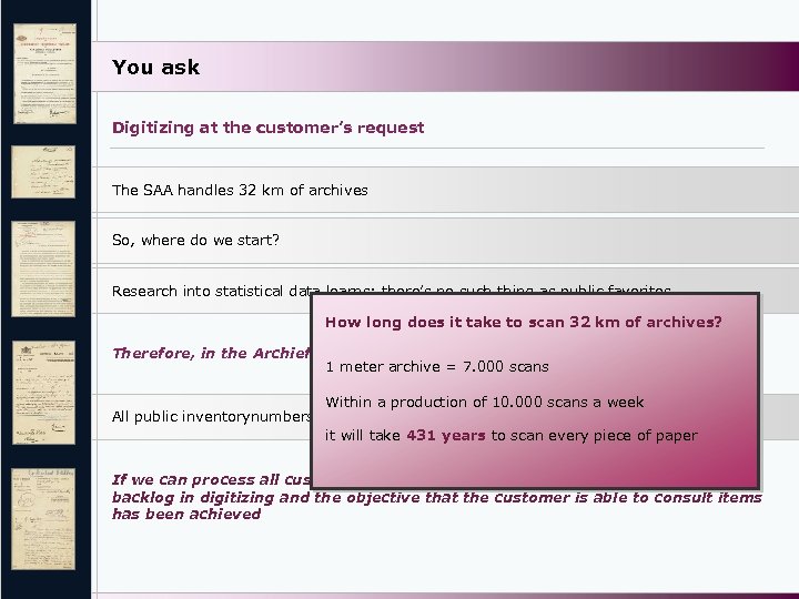 You ask Digitizing at the customer’s request The SAA handles 32 km of archives