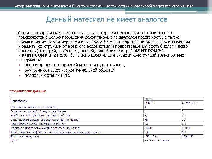 Академический научно технический центр «Современные технологии сухих смесей в строительстве «АЛИТ» Данный материал не