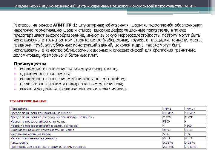 Академический научно технический центр «Современные технологии сухих смесей в строительстве «АЛИТ» Растворы на основе