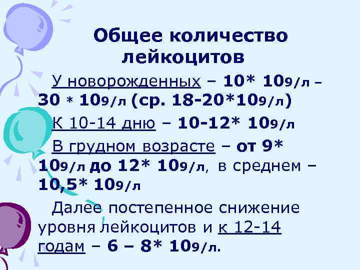 Общее количество лейкоцитов У новорожденных – 10* 109/л – 30 * 109/л (ср. 18