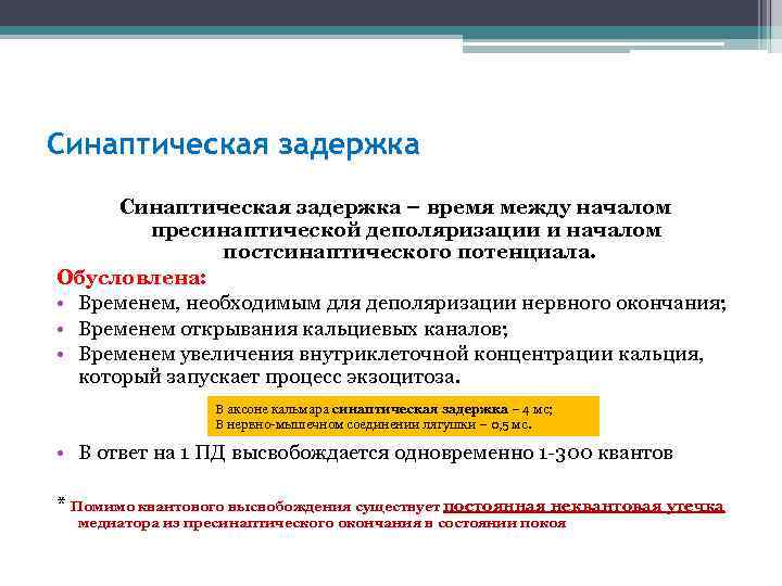 Синаптическая задержка – время между началом пресинаптической деполяризации и началом постсинаптического потенциала. Обусловлена: •