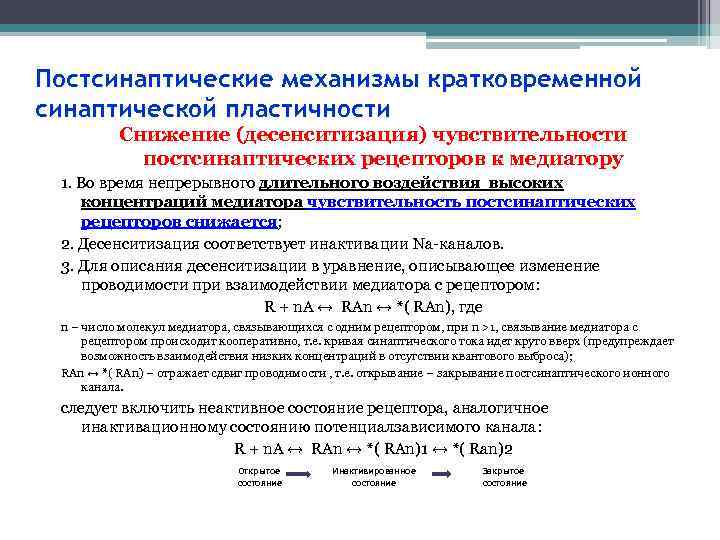 Постсинаптические механизмы кратковременной синаптической пластичности Снижение (десенситизация) чувствительности постсинаптических рецепторов к медиатору 1. Во