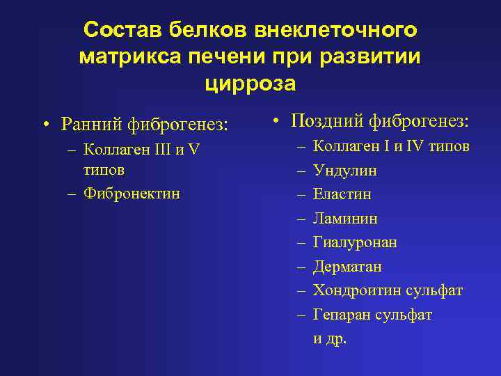 Состав белков внеклеточного матрикса печени при развитии цирроза • Ранний фиброгенез: – Коллаген III