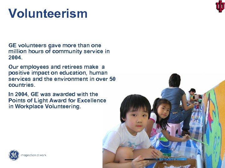 Volunteerism GE volunteers gave more than one million hours of community service in 2004.