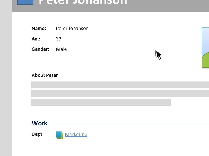 Peter Johanson Name: Peter Johanson Age: 37 Gender: Male About Peter Work Dept: Marketing