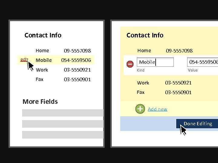 Contact Info Home edit 09 -5557098 Mobile 054 -5559506 Work 03 -5550921 Fax 03