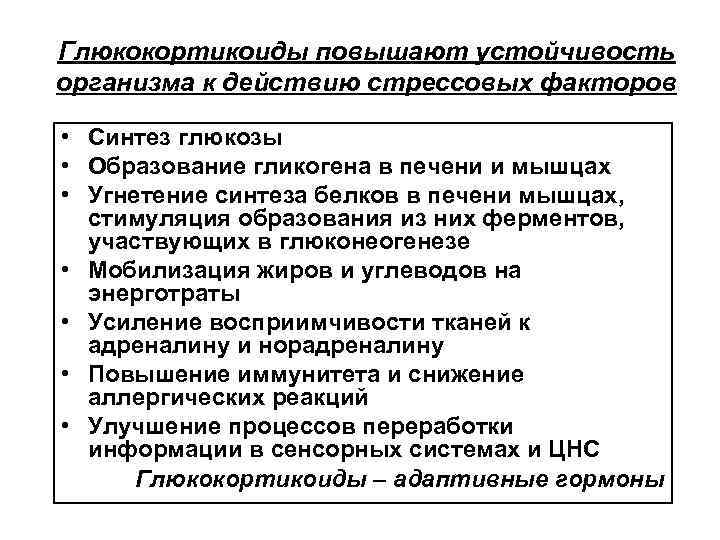 Глюкокортикоиды повышают устойчивость организма к действию стрессовых факторов • Синтез глюкозы • Образование гликогена