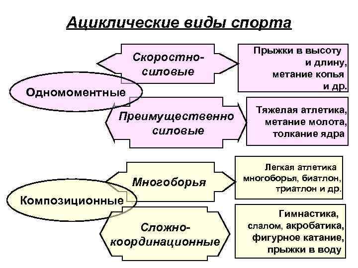 Ациклические виды спорта Скоростносиловые Одномоментные Преимущественно силовые Многоборья Прыжки в высоту и длину, метание