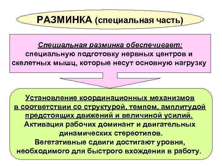 РАЗМИНКА (специальная часть) Специальная разминка обеспечивает: специальную подготовку нервных центров и скелетных мышц, которые