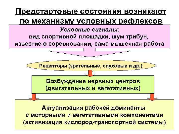 Предстартовые состояния возникают по механизму условных рефлексов Условные сигналы: вид спортивной площадки, шум трибун,