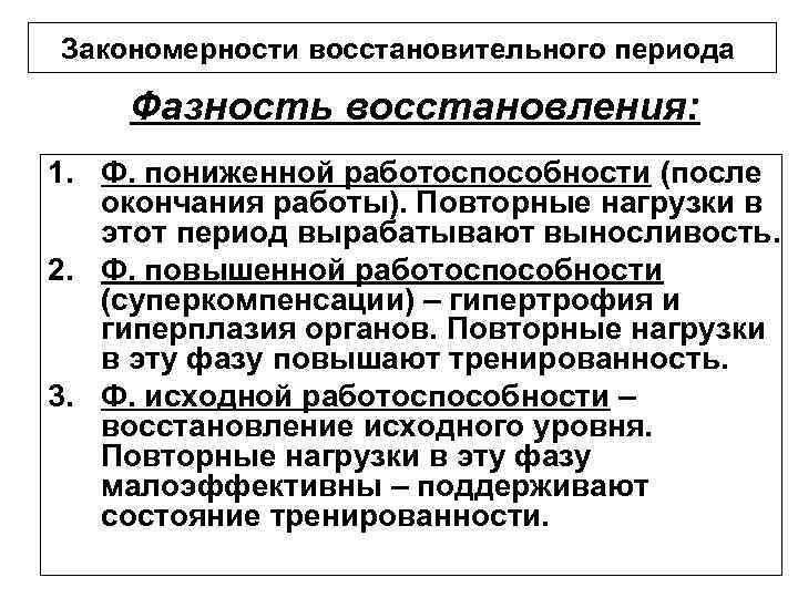 Закономерности восстановительного периода Фазность восстановления: 1. Ф. пониженной работоспособности (после окончания работы). Повторные нагрузки