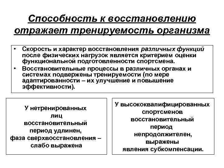 Способность к восстановлению отражает тренируемость организма • Скорость и характер восстановления различных функций после