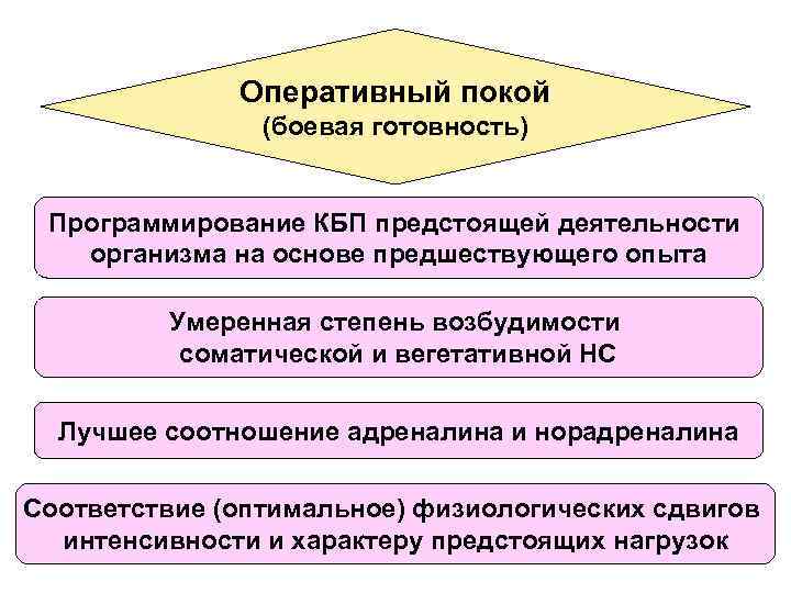 Оперативный покой (боевая готовность) Программирование КБП предстоящей деятельности организма на основе предшествующего опыта Умеренная