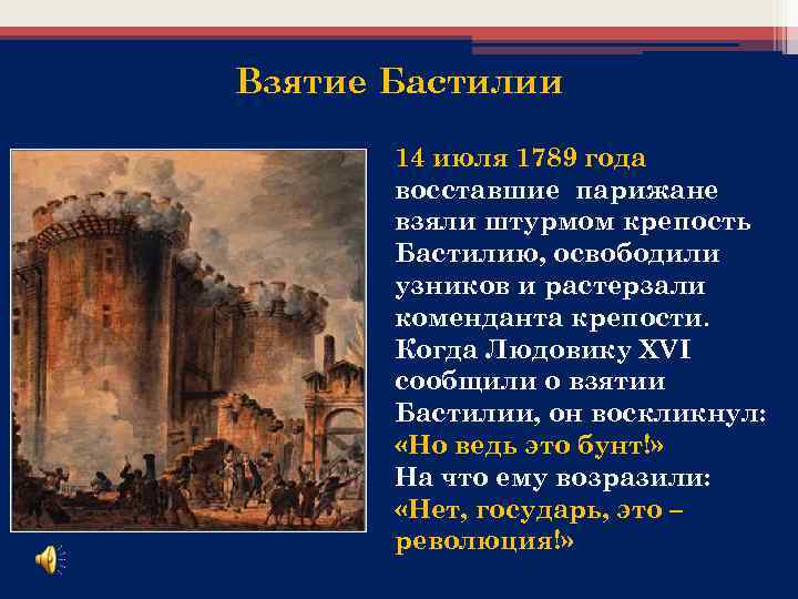 Взятие Бастилии 14 июля 1789 года восставшие парижане взяли штурмом крепость Бастилию, освободили узников