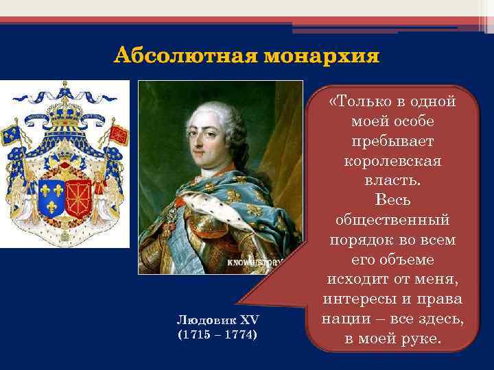 Людовик XV (1715 – 1774) «Только в одной моей особе пребывает королевская власть. Весь