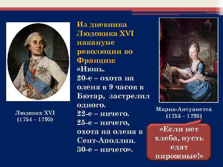 Людовик XVI (1754 – 1793) Из дневника Людовика XVI накануне революции во Франции: «Июнь.