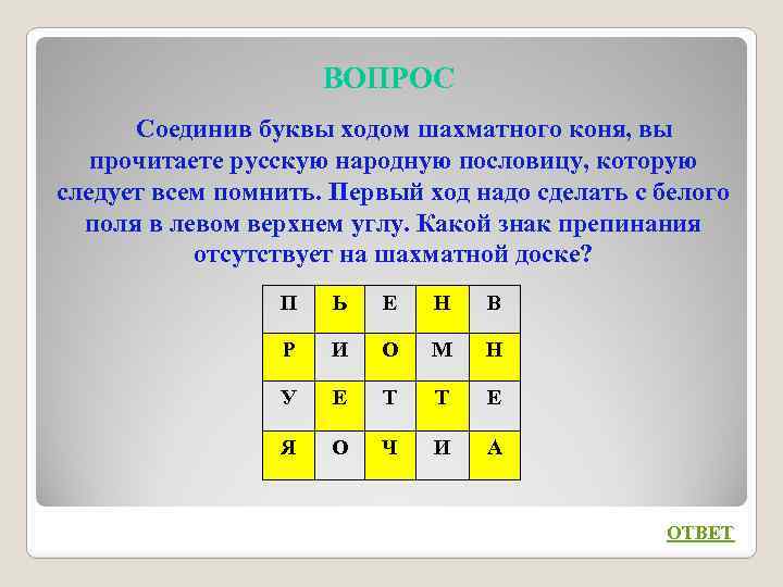 ВОПРОС Соединив буквы ходом шахматного коня, вы прочитаете русскую народную пословицу, которую следует всем