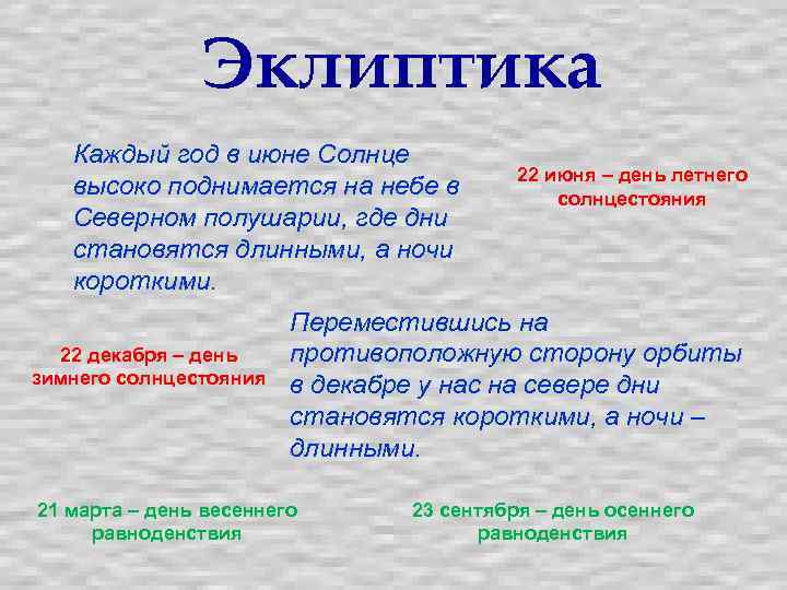 Эклиптика Каждый год в июне Солнце высоко поднимается на небе в Северном полушарии, где