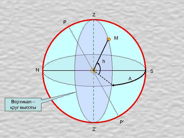 Z P М h N S А Вертикал – круг высоты P’ Z’ 