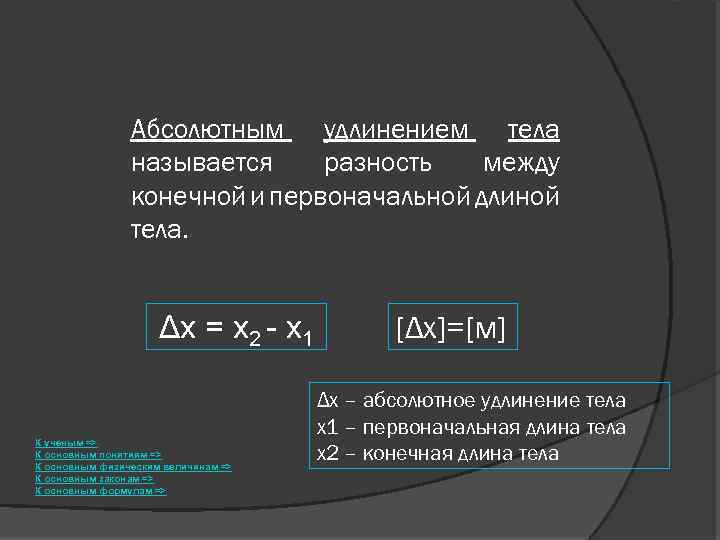 Абсолютным удлинением тела называется разность между конечной и первоначальной длиной тела. Δx = x